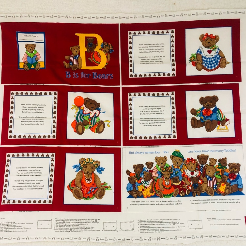 Cranston VIP B IS For Bears Book Panel Fabric Sew Quilt Cotton Vintage